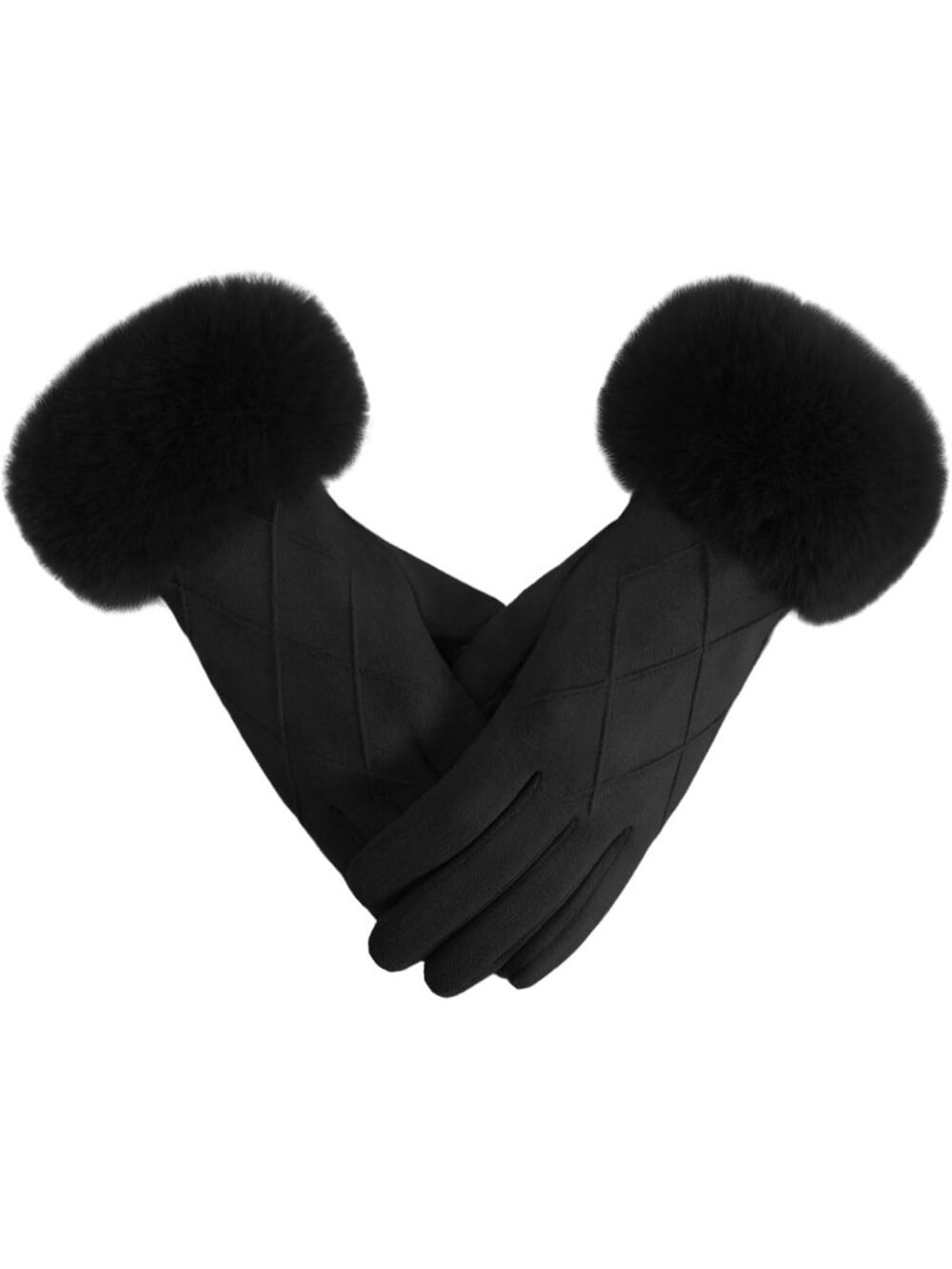 Women's Black Suede Gloves with Faux Fur Cuffs Touchscreen Fleece Lined Plush